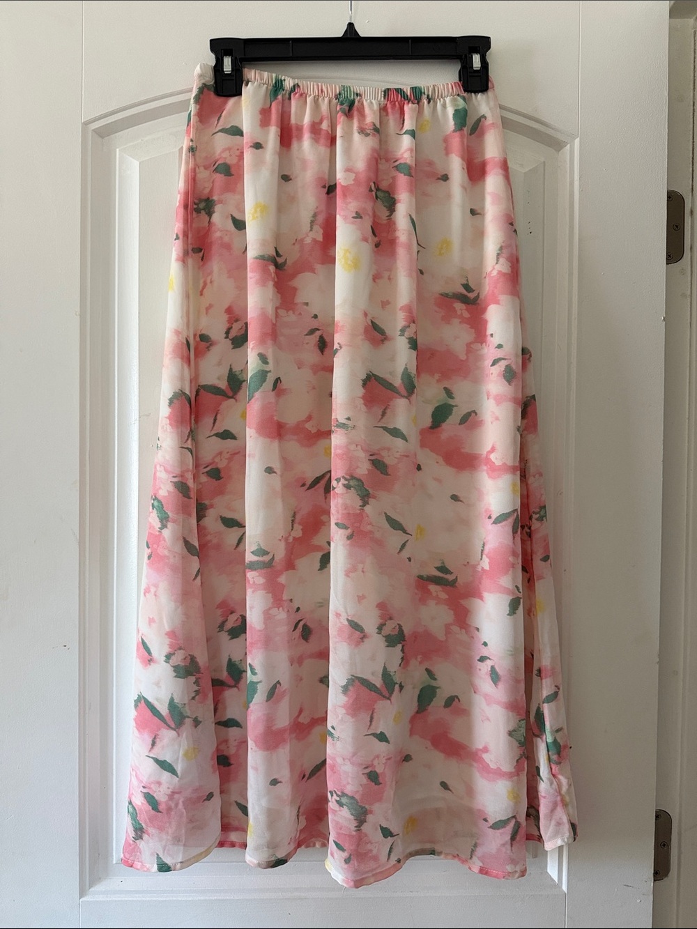 Pink Floral Midi Skirt with Elastic Waist
